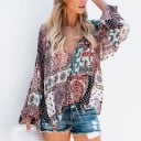 Dames zomerblouse met lange ballonmouwen Kleurrijk patchworkpatroon met ornamenten V-hals met strik Losse pasvorm Polyester 2