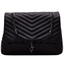 Dames zwarte gestikte schoudertas met klep Donker metalen kettingriem Decoratieve karabijnhaak Kunstleer PU 26 x 20 x 10 cm 1