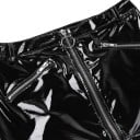 Dames zwarte glanzende mini rok van kunstleer en spandex Doorlopende rits aan de voorkant met metalen ring Twee schuine ritsen Riemlussen Strakke 4
