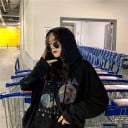Dames zwarte oversized hoodie met capuchon en ruimteprint met de tekst Arizona Kangoeroezak Verstelbare koorden Polyester en katoen 3