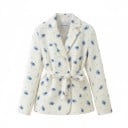 Damesblazer met strik Floral patroon Revers en klepzakken Polyester Wit met blauwe bloemen Voor werk en in de lente en zomer 2