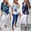 Damesblouse met bloemenprint en V-hals Lange mouwen met oproloptie Rond afgewerkte zoom Polyester Voor hoge taille broeken 5