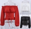 Damesblouse met blootgestelde schouders en corset taille met vetersluiting Lange, volumineuze mouwen Volant aan de onderrand Kunstzijde 4