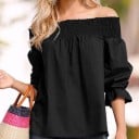 Damesblouse met blote schouders Grote strik op de rug Gerimpelde zoom rond de schouders Kortere gerimpelde mouwen met volants Vrije snit 5