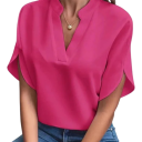 Damesblouse met een losse pasvorm, korte mouwen en een split op de arm met een opstaande kraag die opent in een V-hals en een rechte onderrand 6