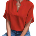 Damesblouse met een losse pasvorm, korte mouwen en een split op de arm met een opstaande kraag die opent in een V-hals en een rechte onderrand 7