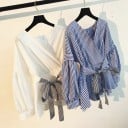 Damesblouse met geplooide V-hals en strik in de taille Ballonmouwen met manchet Volantzoom Gestreepte riem Elegante snit 4