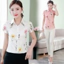 Damesblouse met korte, geplooide mouwen en bloemenprint Klassieke kraag Knopen sluiting Lichte polyester stof 7