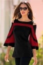 Damesblouse met uitlopende driekwartmouwen Openingen op de schouders Contrasterende gekleurde strepen Ronde hals langere snit Polyester 2