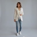 Damesjasje met strik Slijtagebloemig patroon Gestructureerde stof Revers Polyester Wit met roze bloemen Voor de lente en zomer 7