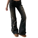 Damesjeans zwart Effen Bloemmotieven op de broekspijpen Zakjes Denim Moderne casual broeken Stijlvolle outfit 2