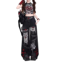 Damesjeans zwart Effen Gescheurd Rode print Vrije snit Zakken Katoen Polyester Trendy street broeken 5
