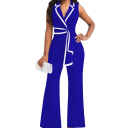 Damesoverall Effen model Brede broek Brede schouderbanden Kraag Strik rond de taille V-hals Polyester Spandex 4