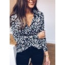 Damesoverhemd met klein bloemenpatroon Lange mouwen Overhemdkraag V-hals Witte bloemetjes op een donkere achtergrond Polyester 4