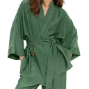 Damespyjama met een badjas T-shirt met strik en broek Groene set van katoen en nylon met lange mouwen voor comfort en elegantie 3