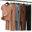Damespyjama van modal en spandex Effen set met T-shirt met korte mouwen en O-hals Comfortabele lange broek 3