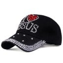 Damkeps dekorerad med stenar Texten I love Jesus med hjärta Stenar på skärmen Justerbart huvudomfång 56 till 60 cm Bomull och denim 2