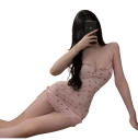 Damklänning med körsbärsmönster Elegant enfärgad klänning med spets och slits V-ringning Polyester Spandex Universell storlek 14