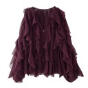 Dams elegant polopr transparent skjorta med volanger och V-ringning Lång ärm Knäppning med knappar Enfärgad blus i lätt polyester 17
