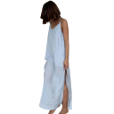 Dams lång nattklänning med V-ringning Elegant lös klänning med underkjol och slits Polyester Nylon Rayon Olika färger 22