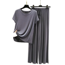 Dams pyjamas i modal och spandex Enfärgad set med t-shirt med kort ärm och O-ringning Bekväma långa byxor 7