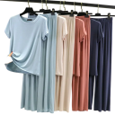 Dams pyjamas i modal och spandex Enfärgad set med t-shirt med kort ärm och O-ringning Bekväma långa byxor 2