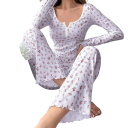 Dams pyjamas med lång ärm och byxor Enfärgad set med blommönster av polyester och spandex i olika eleganta färger 9