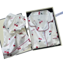 Damsatängs satin pyjamas set skjorta och shorts 2-delad Skjorta med knappar och krage Körsbärstryck Polyester Vit sovset 4