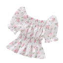 Damsk blommig blus med bar axlar Kort ärm Rynkad design med gummiband i midjan Sommar elegant blus 6