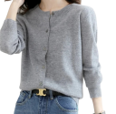 Damsk cardigan i polyester med rundad hals Enkel färgad elegant tröja med knappar och långa ärmar Universell storlek 12