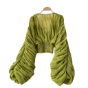 Damsk polopr transparent blus Universell storlek V-ringning Lång ärm Rynkning Gummiband i midjan Elegant 10