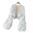 Damsk polopr transparent blus Universell storlek V-ringning Lång ärm Rynkning Gummiband i midjan Elegant 6