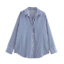 Damsk randig lös skjorta med lång ärm och krage Elegant blus med knappar i lätt polyester Stilig topp i olika färger 28