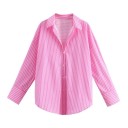 Damsk randig lös skjorta med lång ärm och krage Elegant blus med knappar i lätt polyester Stilig topp i olika färger 27