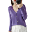 Damsk stickad cardigan med V-ringning Elegant tröja med knappar Enfärgad modetröja Olika färger Polyester Akryl 16