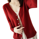 Damsk stickad cardigan med V-ringning Elegant tröja med knappar Enfärgad modetröja Olika färger Polyester Akryl 4