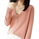 Damsk stickad cardigan med V-ringning Elegant tröja med knappar Enfärgad modetröja Olika färger Polyester Akryl 5