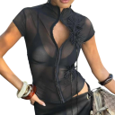 Damsk svart blus Halvgenomskinlig Kort ärm Dekorativa 3D blommor Elegant festblus med elastiskt material 5