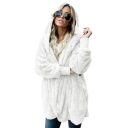 Damsk varm plyschjacka med huva Oversize fleece cardigan Höstig fluffig överdrag med långa ärmar Mjuk jacka med huva 3