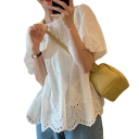 Damsk vit blus Rund hals Tredjedel ärm Dekoration och spets Elegant enfärgad blus i polyester 4