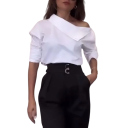 Damsk vit skjorta med lång ärm Asymmetrisk halsringning Elegant skjorta med knappar Lätt polyester lämplig för vardagsbruk 3