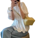Dámska biela halenka Výstrih do O Trojštvrťový rukáv Zdobenie a krajka Elegantná jednofarebná halenka z polyesteru 5