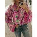Dámska boho košela s kvetinovým vzorom a vtákmi Dlhé zvonové rukávy Výstrih do V so stojáčikom a gombíkmi Ozdobné bordúry na lemoch 2