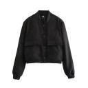 Dámská bunda bomber s kapsami Elegantní krátký kabátek s V-výstřihem Zapínání na knoflíky Stylová jarní bunda s dlouhým rukávem 3