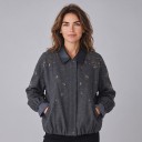 Dámská bunda s korálky a flitry volný oversize střih s límcem a kostkovanými manžetami tmavě šedá jarní bunda do města i do práce 6