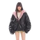 Dámská bunda v koženém vzhledu s kapucí lemovanou růžovým kožíškem na zip s bočními kapsami a pružným lemem černá do města 3