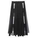 Dámská černá maxi sukně z pásků s průsvitnou síťovanou vrstvou Široký pružný pas Pásky s bílými proužky Polyester a bavlna 1