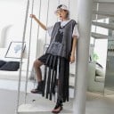 Dámská černá maxi sukně z pásků s průsvitnou síťovanou vrstvou Široký pružný pas Pásky s bílými proužky Polyester a bavlna 3
