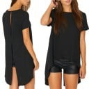 Dámska čierna blúzka s krátkym rukávom a predĺženou zadnou časťou Rozparok na chrbte Kulatý výstrih Asymetrický lem Polyester 2