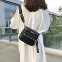 Damska czarna torebka crossbody z PU skóry z dwiema kieszeniami na zamek Szeroki pasek na ramię Uchwyty z srebrnymi nitami 22 x 9 x 17 cm 3